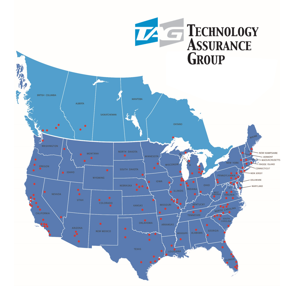 Technology Assurance Group coverage map showing 148 service markets across the United States and Canada