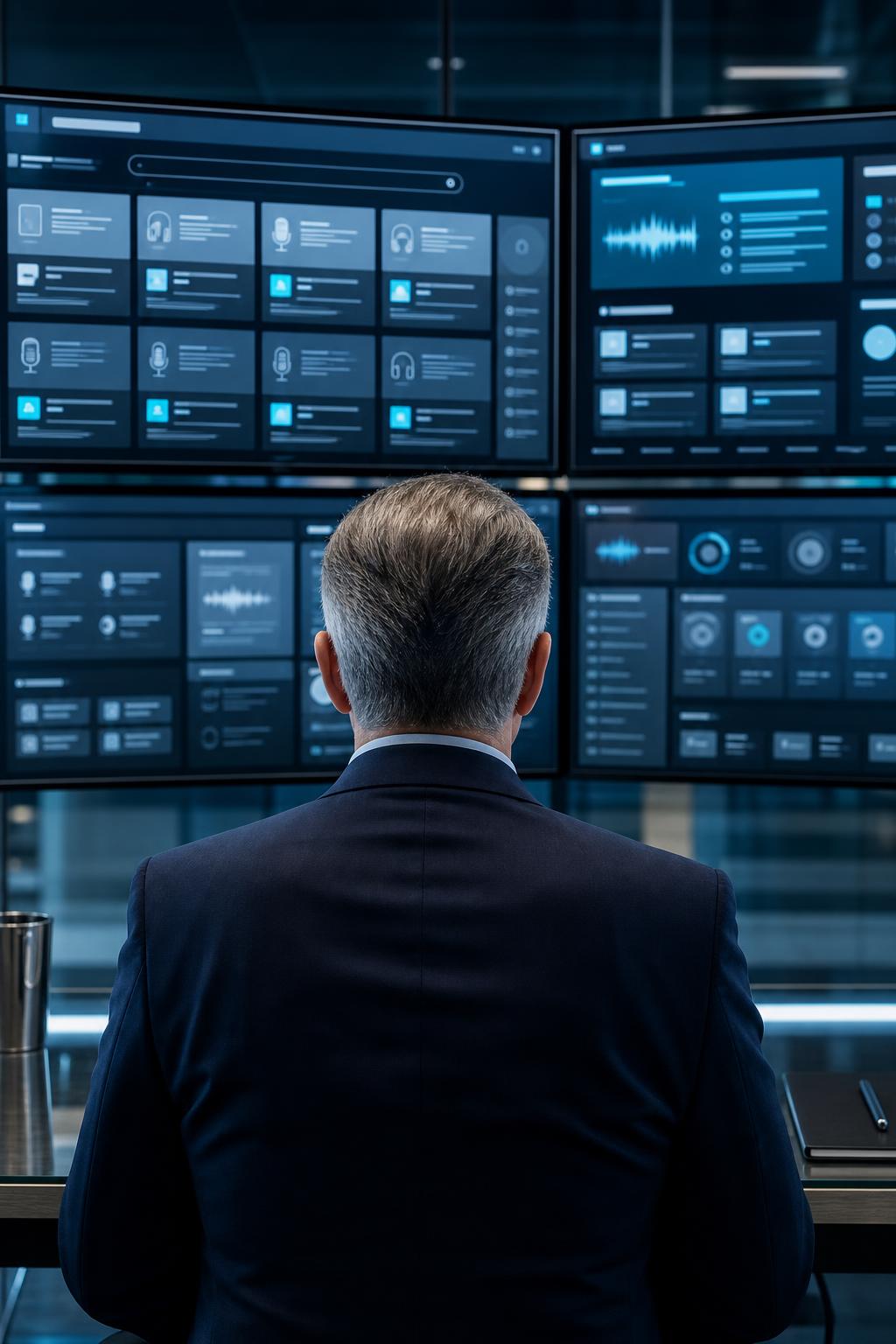 An executive browsing a searchable digital library of podcast episodes and business technology insights
