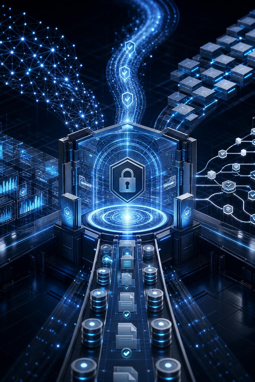 Multiple AI systems passing through a secure governance gateway with access controls and audit trails